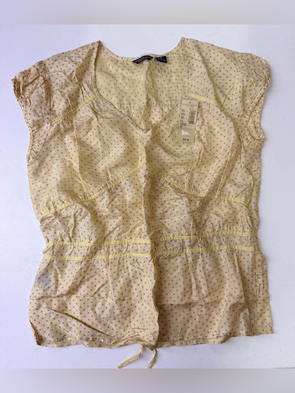 NWT Y2K American Eagle 100% Silk Yellow Floral Babydoll Blouse Size 10